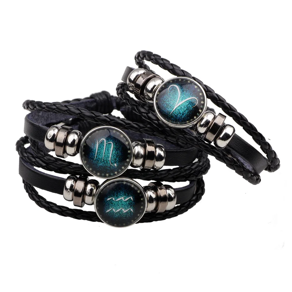 Handmade Braided PU Leather Rope Bangle Horoscope Zodiac Bracelet