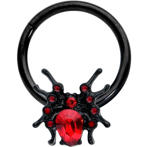 16 Gauge 3/8 Red Gem Black Spider Halloween Hinged Segment Ring Septum Clicker Cartilage Tragus Helix Piercing Earrings