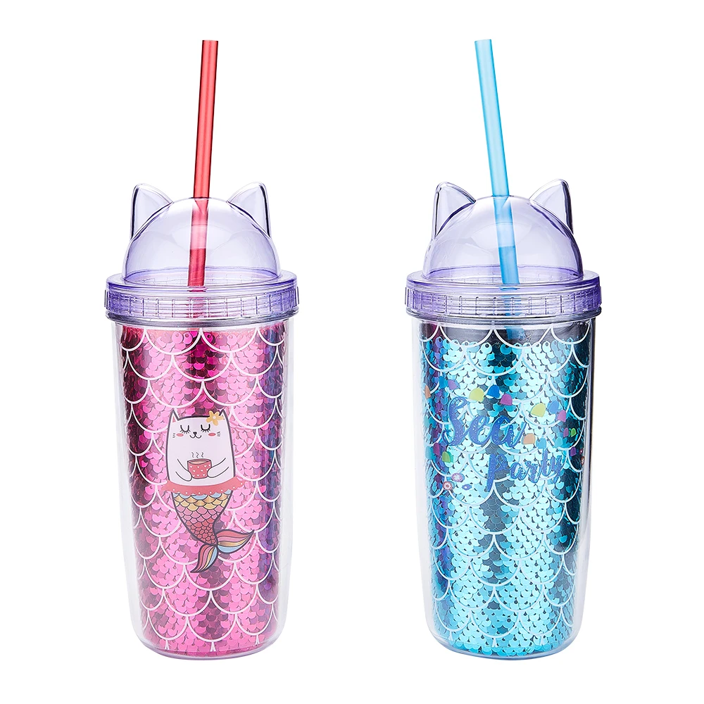 
Wholesale products custom clear reusable drinking double wall glitter cat ear plastic drinking cup with straw 