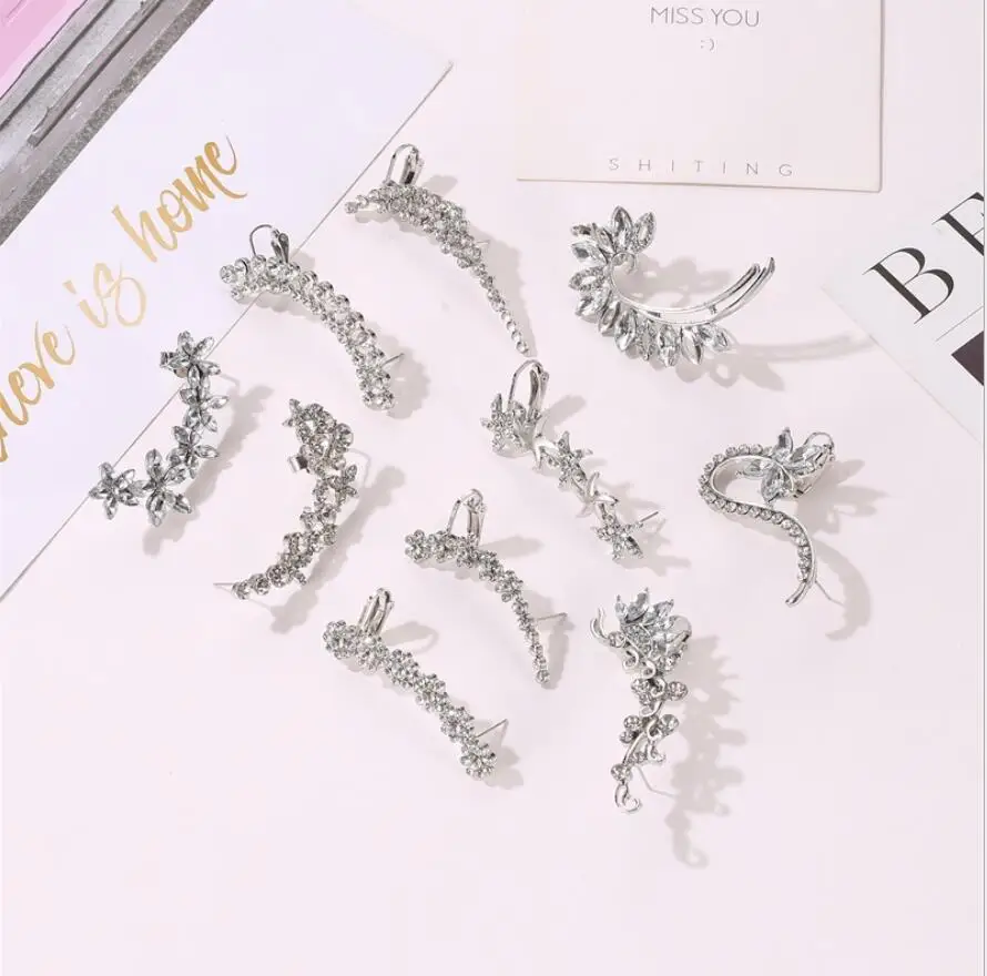 Wholesale Fashion Alloy Crystal Statement Punk Earrings Cuff Climber Full Rhinestone Crystal Leaf Ear Cuff Clip Earrings for Wom