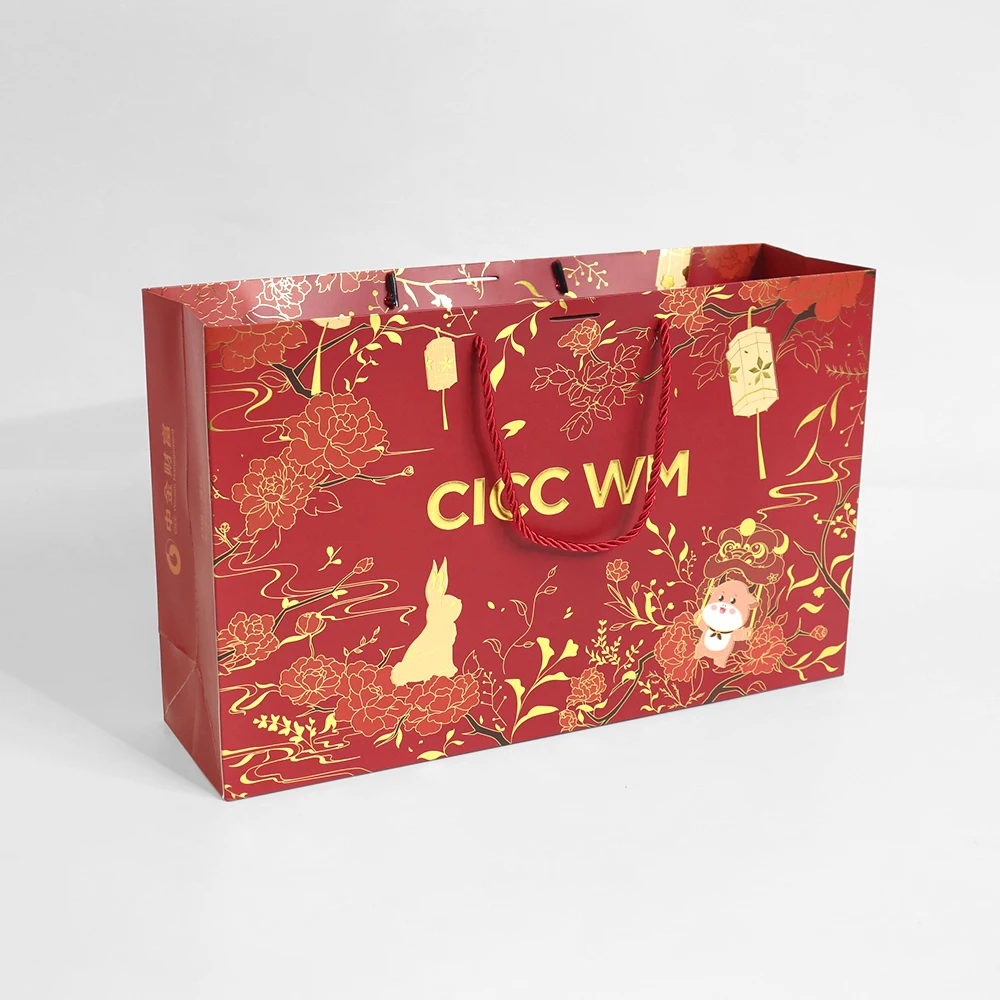 Custom Hot Stamping Design Luxury packaging Red Gift Bags Recyclable Business Shopping Embossed Paper bag For small businesses