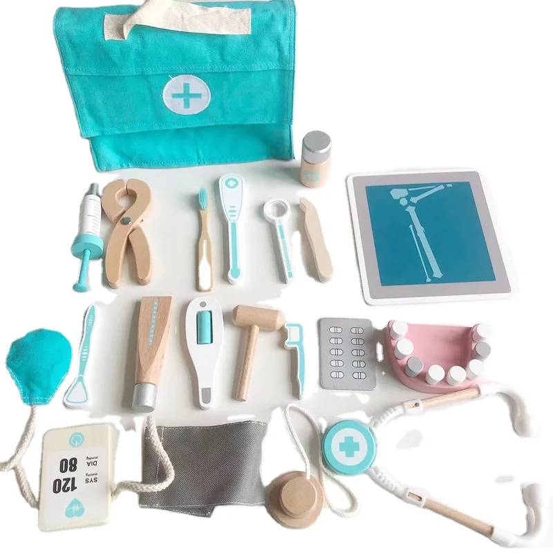 
Hot sale children pretend play simulation doctor toy wooden dentist medicine kit box sets toys for kids 