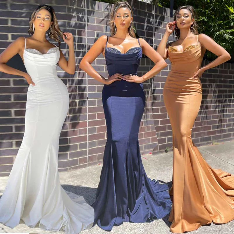 
Silk Maxi Mermaid Long Women Dress 2021 Classy Elegant V-neck Evening Party Slip Dresses 