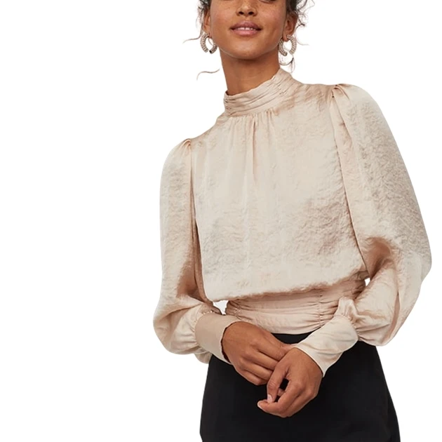 Polyester Satin Blouse Tops Shirts Long Sleeves Loose Women Custom Light Beige Latest Blouse Styles for Women Plain Dyed Adults