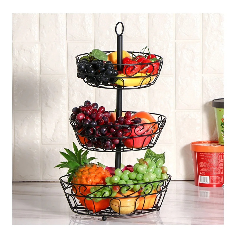 JX-  Simple Houseware 3 Tier Fruit and Snacks Bowl Metal Wire  Basket Countertop Vegetable Organizer Storage Basket