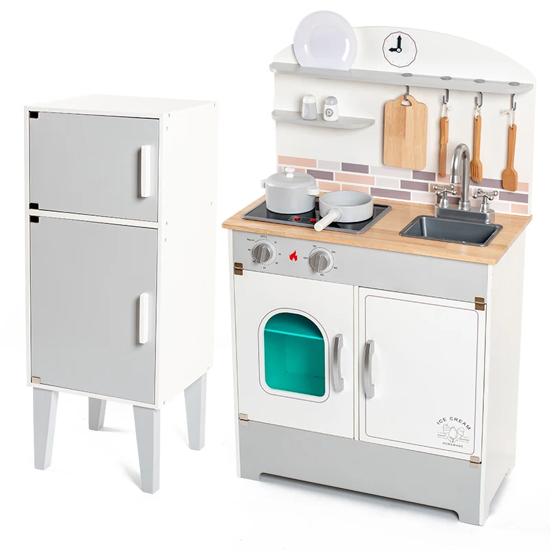 Unisex Educational Role-Playing Toys  Wooden Baby Pretend Play Kitchen Set Refrigerator Toy with Sound and Light for Toddlers