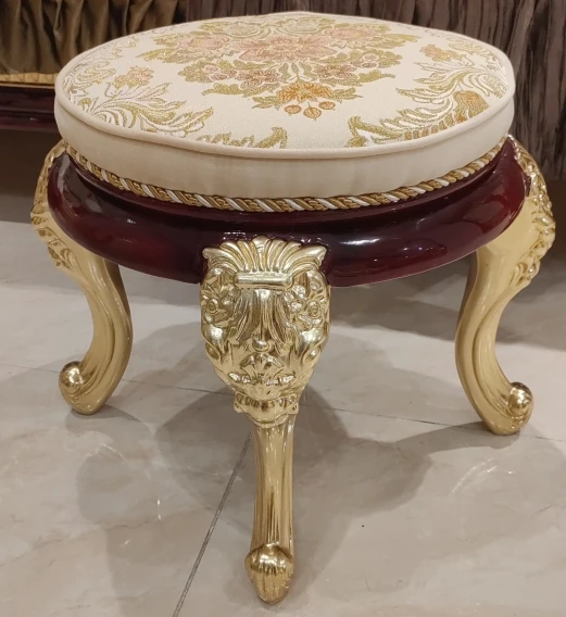 European luxury classical style wooden high stool set carved solid wood frame genuine leather bedroom furniture bed stool