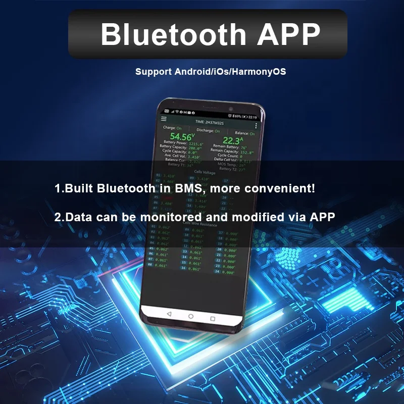 Умная Беспроводная плата защиты A-Warrior BMS bluetooth bms для хранения литиевых аккумуляторов на колесах 16S 60 В 100 А С рассеиванием