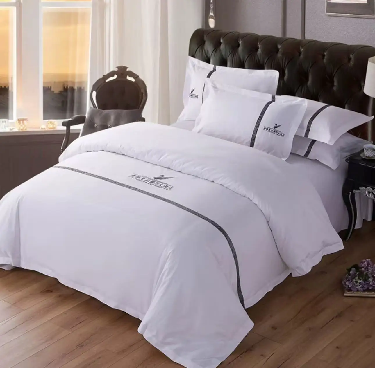 King size hotel bedding set white 100% cotton 3cm stripe bed sheet Fitted Sheet set
