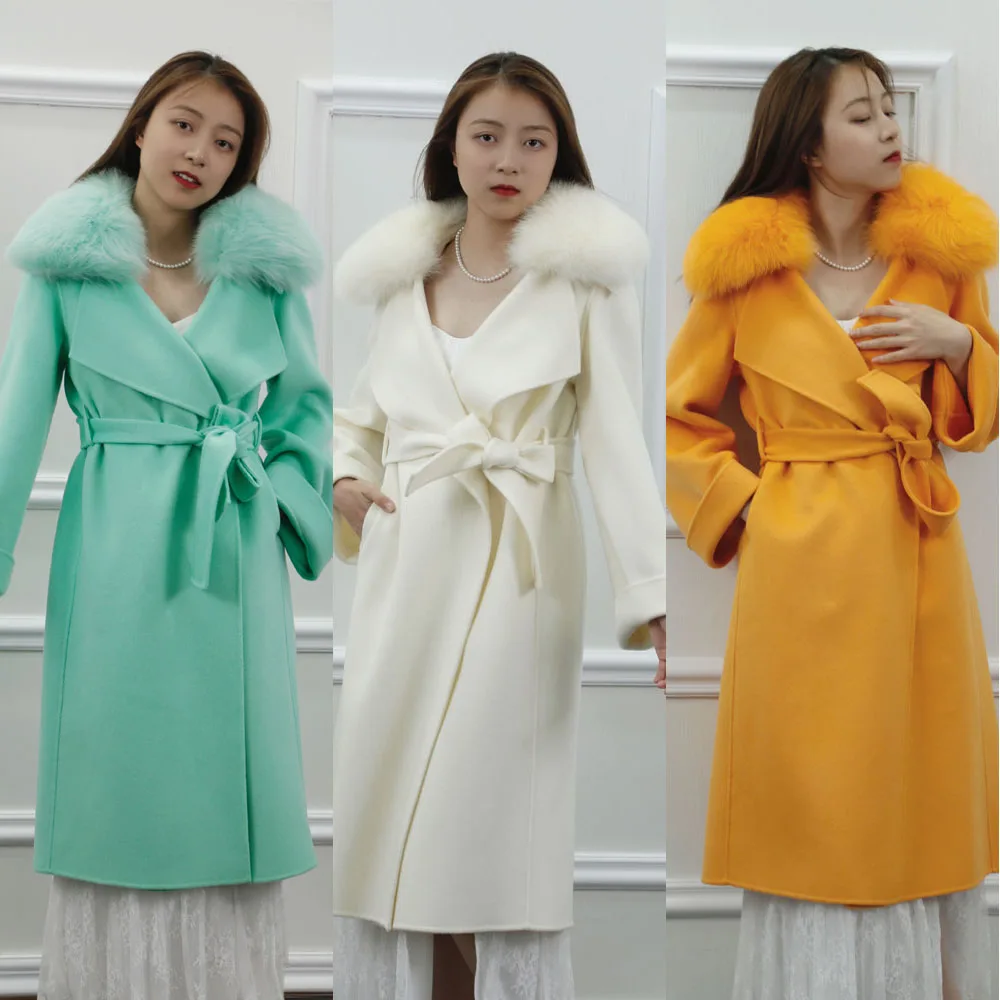 New Arrival 90% Wool 10% Cashmere Coat For Women With Fox Fur Collar