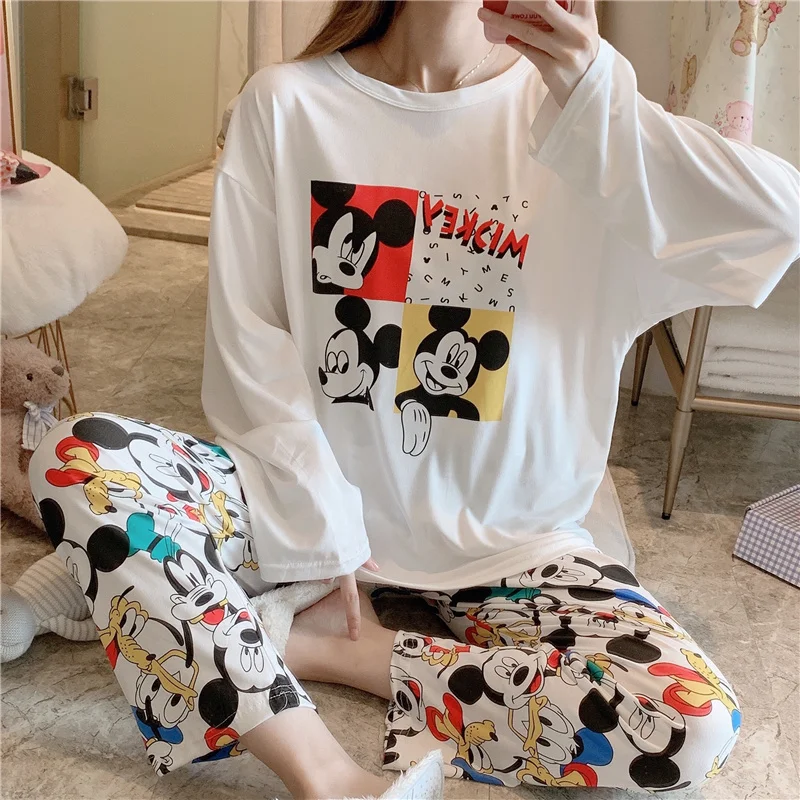 Sleepwear Autumn O Neck Long Sleeve Pants 2Pcs Sets Pajamas Snoopy Cartoons Korean Loungwear Oversize Sweet Leisure Home