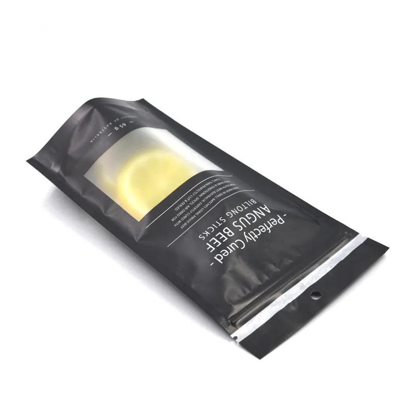 Custom  resealable Matte stand up pouch plastic zip lock with window black mylar bags