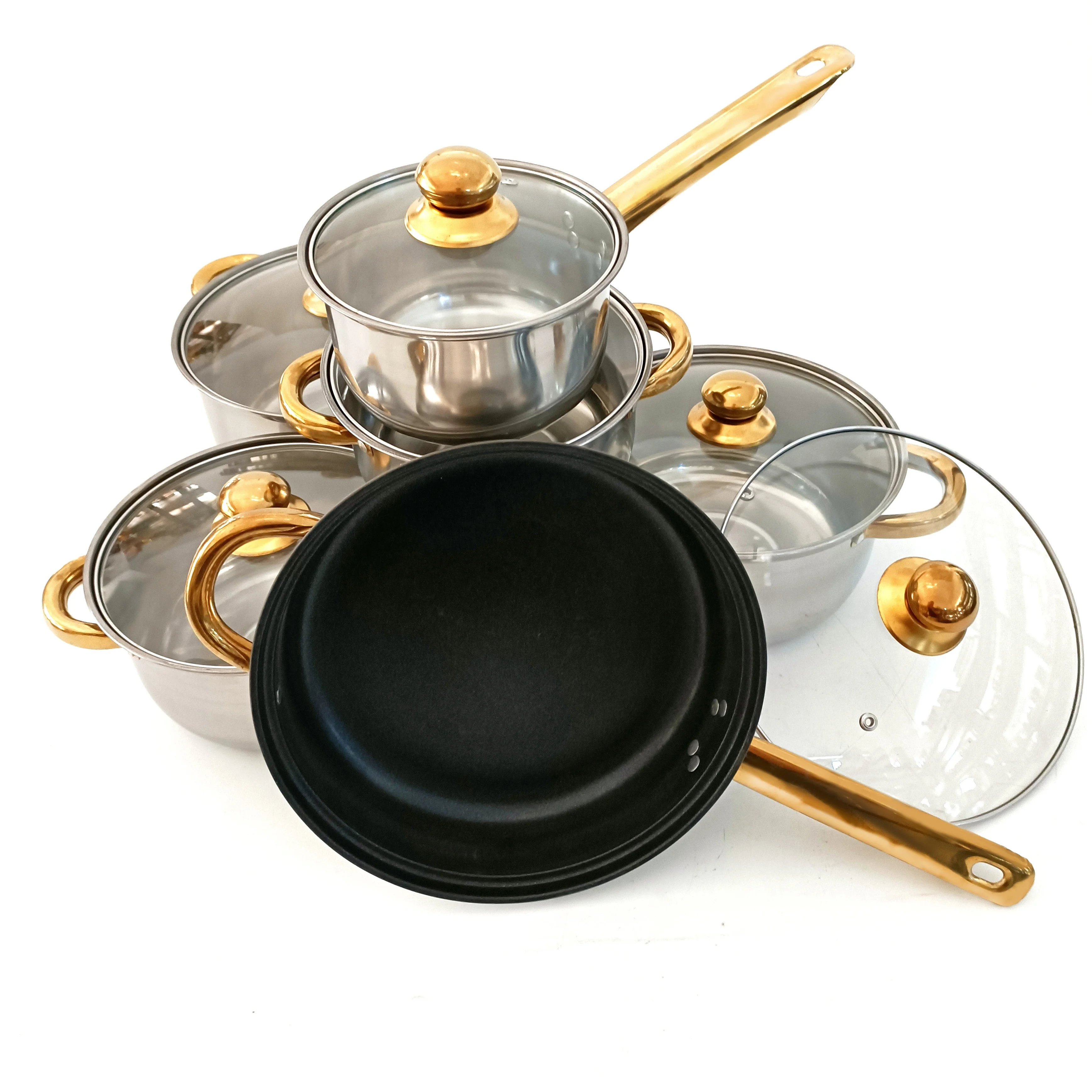 12pcs Cookware Sets Stainless Steel Cooking Pot Set And Pans Cookware Set With Glass Lid