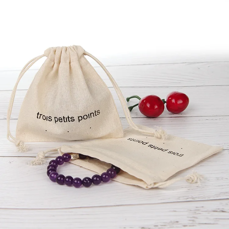 
White Linen Cotton Gift Bags Packing Jewelry Drawstring Pouch Cotton Organic Cotton Muslin Fabric Drawstring Bags 