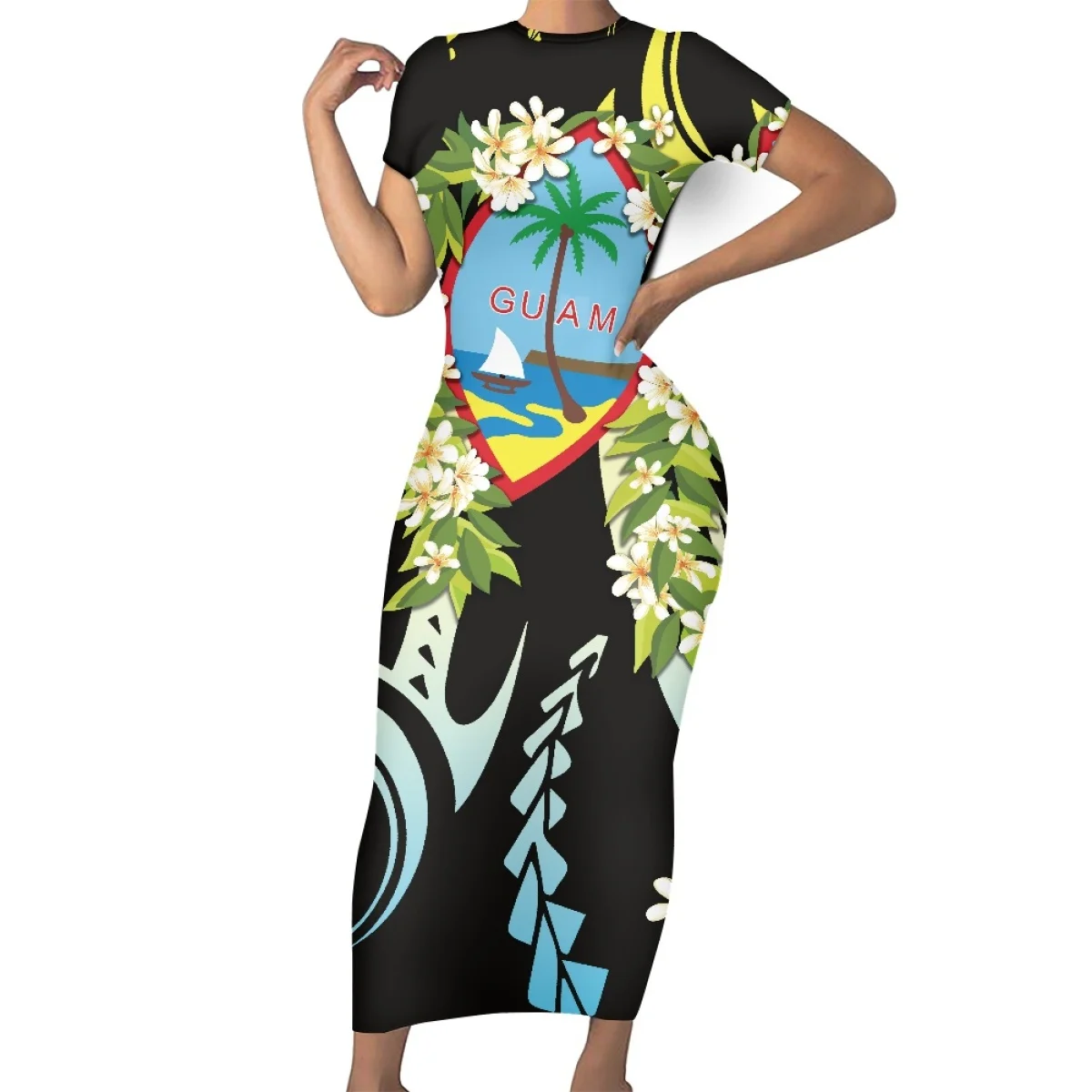 Guam Logo Short Sleeve Casual Dress Party Bodycon Dresses Women Drop Shipping Polynesian Ti Leaf Lei Printing Elegant Maxi Dress
