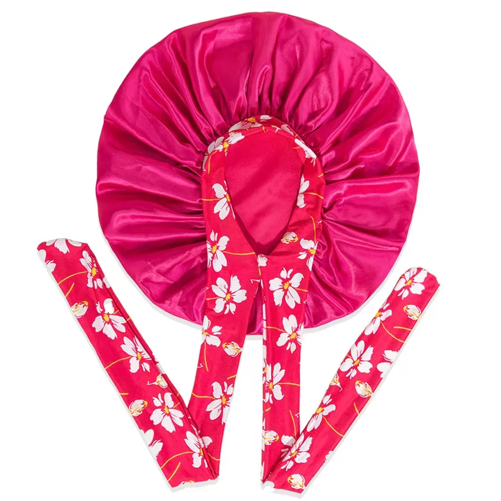 wide band adjustable large hair silk bonnet print headband jumbo satin bonnets night sleep cap with edge wrap straps for braids