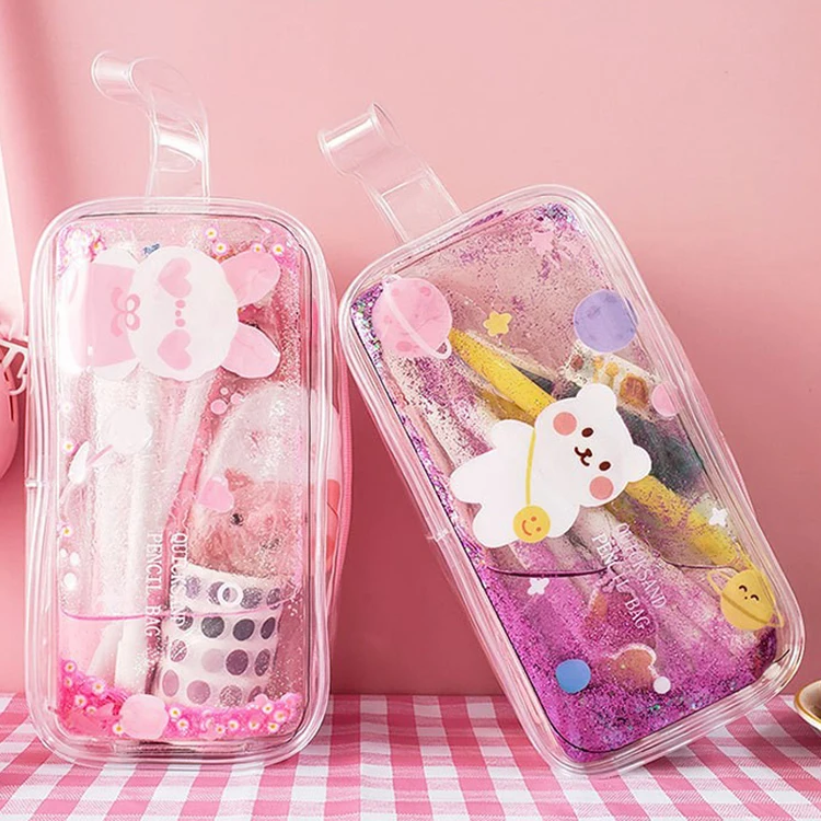 Stationery Items For School Liquid Quicksand Glitter Pen Case Teenage Girl Pencil Pouch