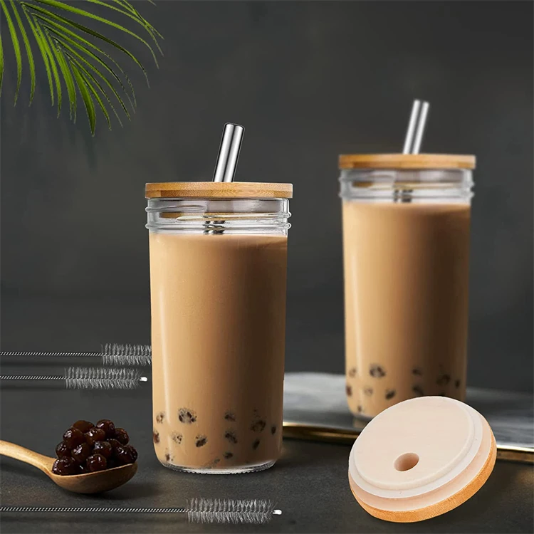 Reusable 24 oz Bubble Tea Cup Wide Mason Mug with Bamboo Lid and Stainless Straw Glass Smoothie Cups