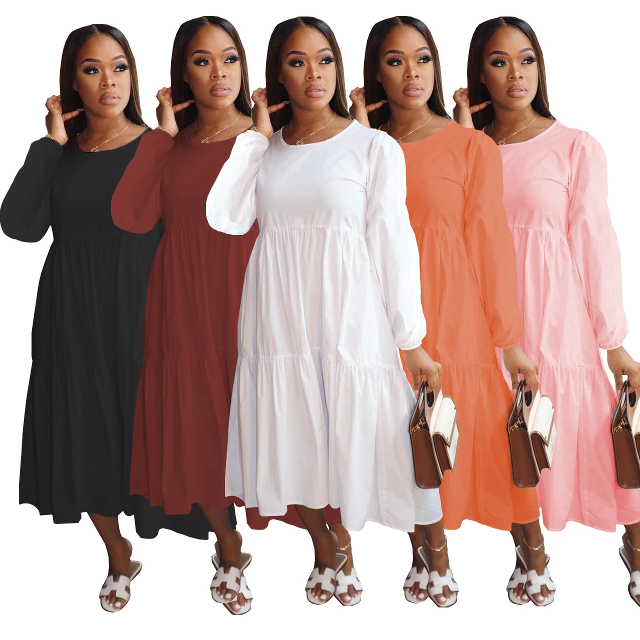 
Trending products women long sleeve long dress plus size dress solid color woman one-piece dress 