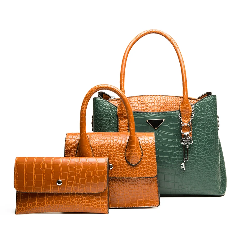 High Quality Crocodile 3 pcs in 1 Luxury Handbag Set 2023 Vintage Elegant Ladies Women Big Tote Handbag Set