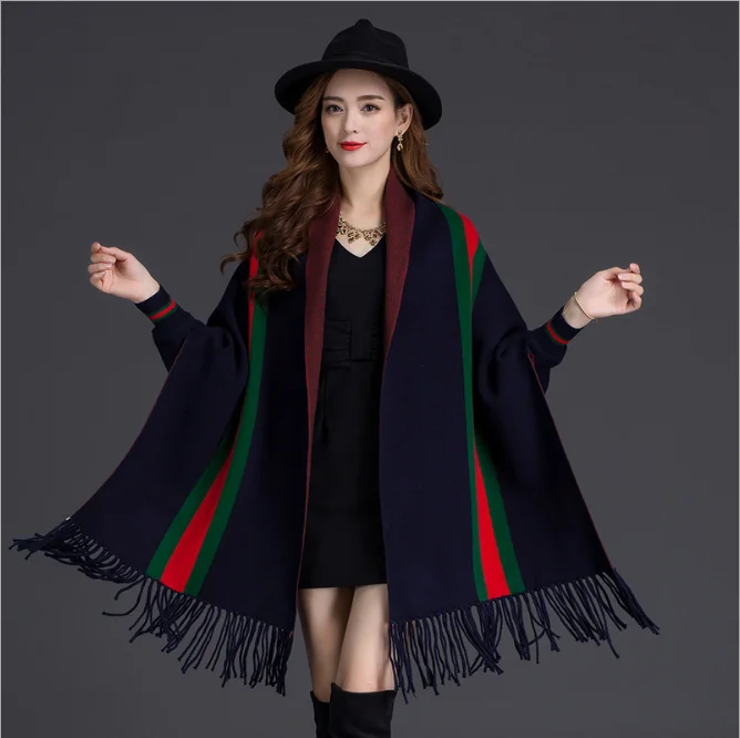 2021 fashion poncho with tassels brand pashmina winter wool blend stripe woven sleeve warm cashmere shawl