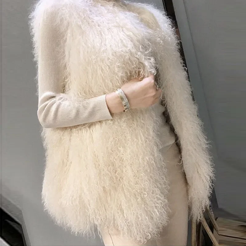 Factory Wholesale New Winter Faux Mongolian Wool And Fur Vest Women Medium Long Fashion Lamb Fur Vest
