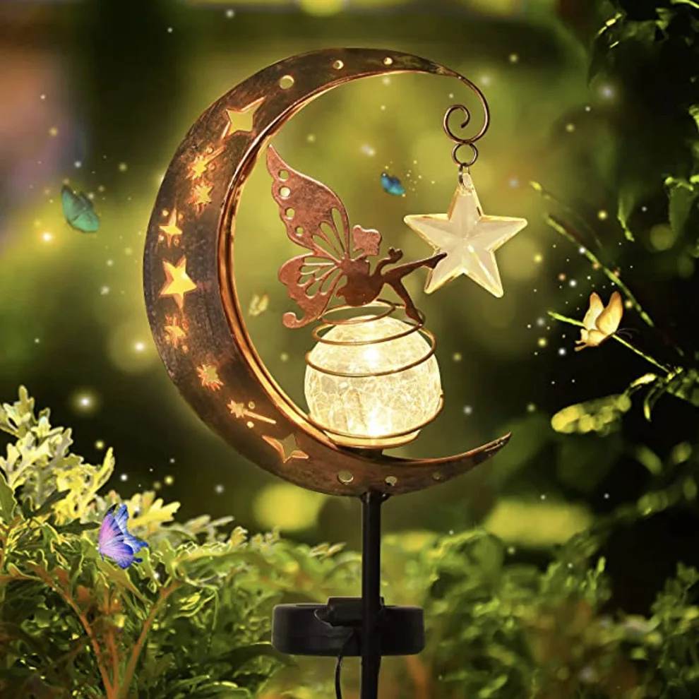 LED Solar Iron Craft Outdoor Moon Sun Star Flower Fairy Flamingo Projection Lawn Garden Spike Lamp For Outdoor Landscape Decor