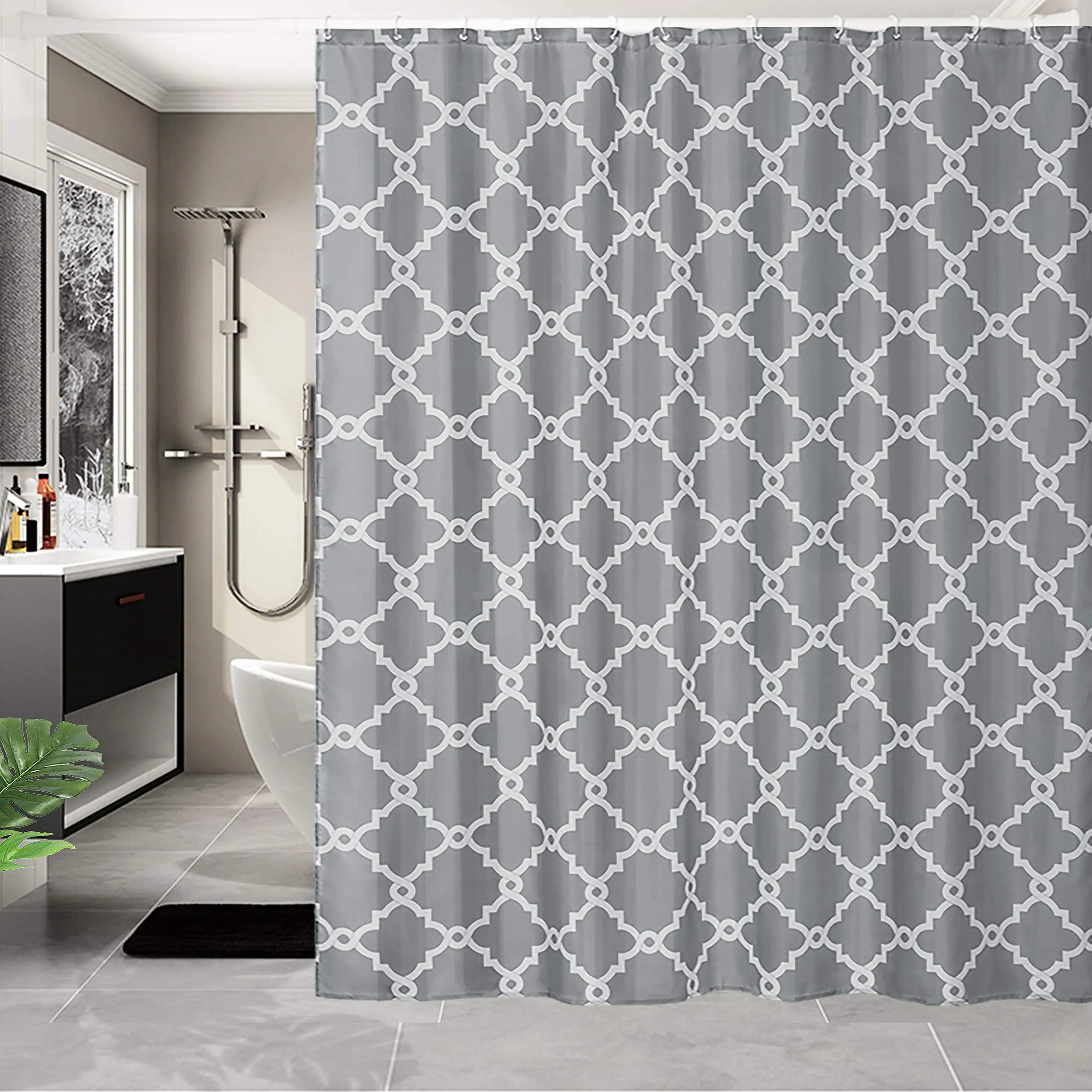 Modern Grey-White Graphic Polyester Bathroom Curtain Machine Washable Mould Proof Resistant Fabric Shower Curtain