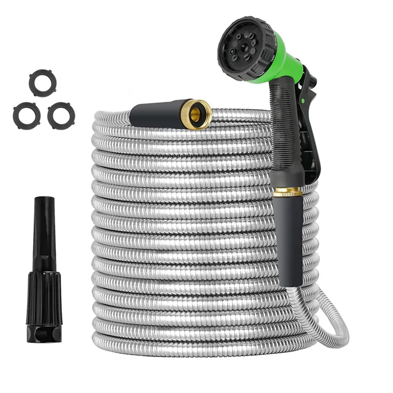DD1291  Metal Garden Hose  with 10 Function Sprayer 100ft Metal Fittings Flexible Hose Heavy Duty Stainless Steel Water Hose
