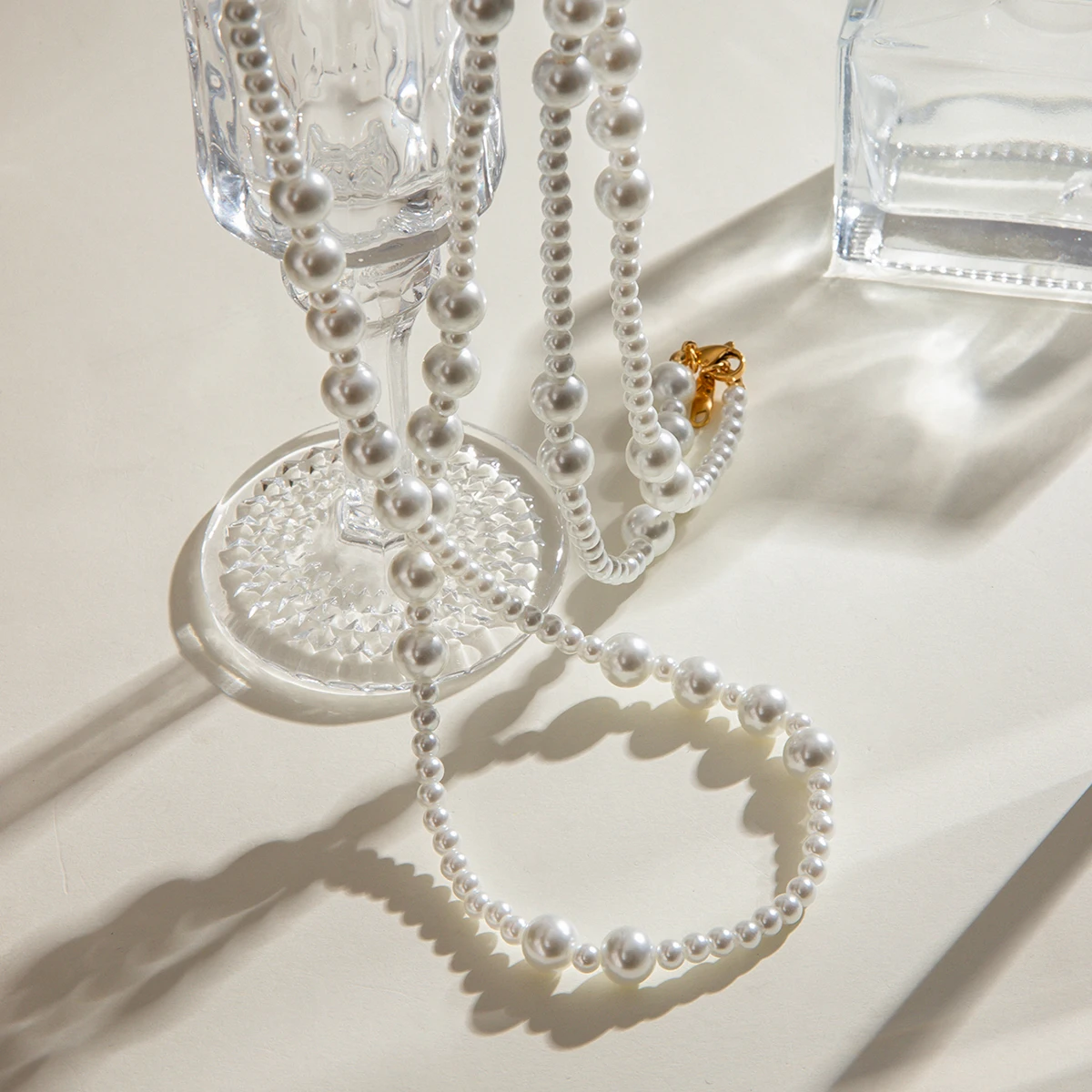 J&D Long Glass Pearl Beaded Sweater Necklace 18K Gold Stainless Steel Necklace with 4MM and 8MM Pearls 120cm