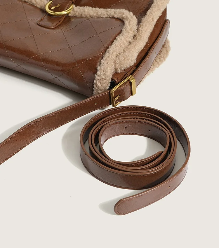 Factory Custom Faux Fur Satchel Shoulder Bag Brown Geometric PU Leather Sling Bags For Women Girls