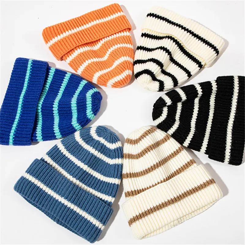 Featuring Cool Custom Color Designs Kids Stripes Fisherman Beanie Hats Custom Logo Wool Tab