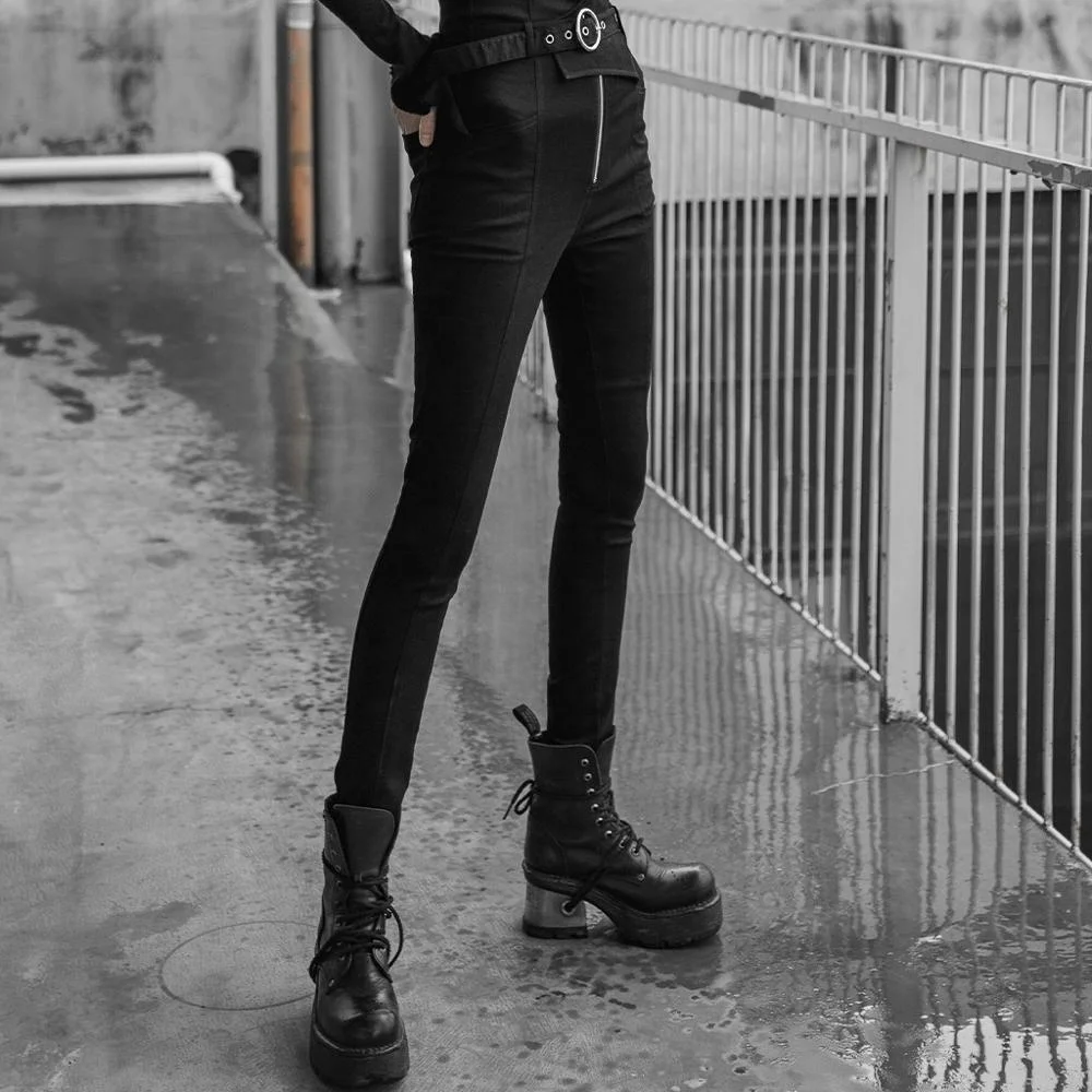 
OPK-270 PUNK RAVE Punk high waist metal decorative button jeans ladies fashion pants 