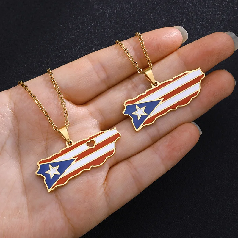 18K Gold & Stainless Steel Silver Puerto Rico Map Pendant Necklace Enamel Puerto Rico Flag for Men Women Features Zircon Stone