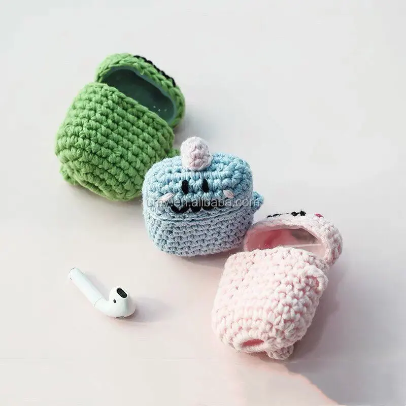 Cute Cartoon Crochet Knitted Mini Wireless Earphones Headset Case With Silicone for Iphone