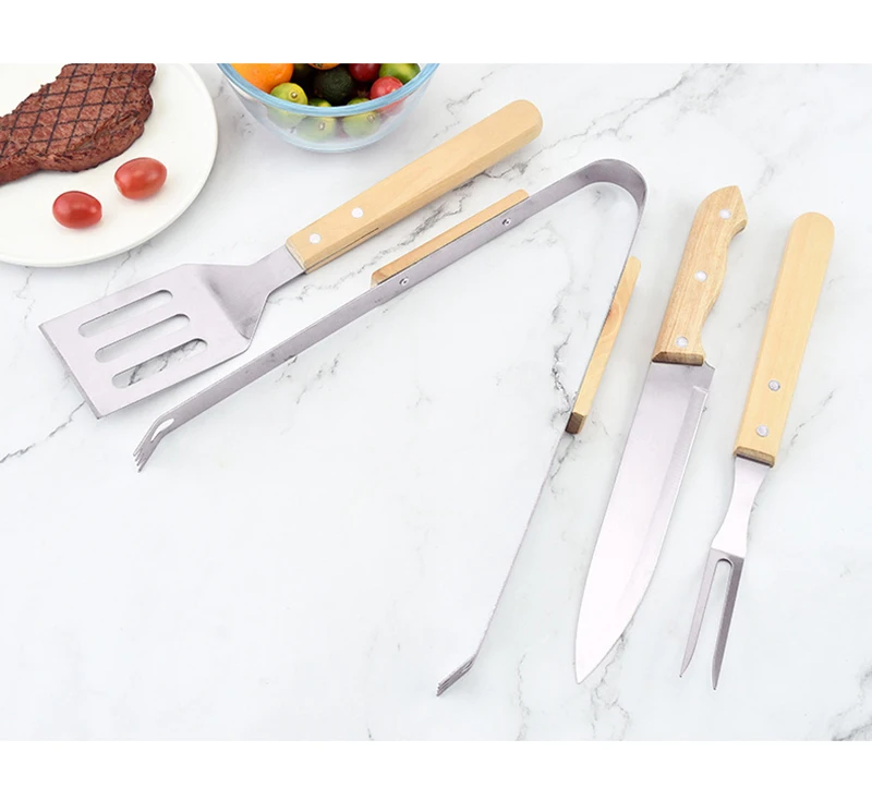 4 Piece Wooden BBQ Accessories Grilling Tools Set with Tongs Spatula Fork and Knife Utensils for Backyard Barbecue Camping