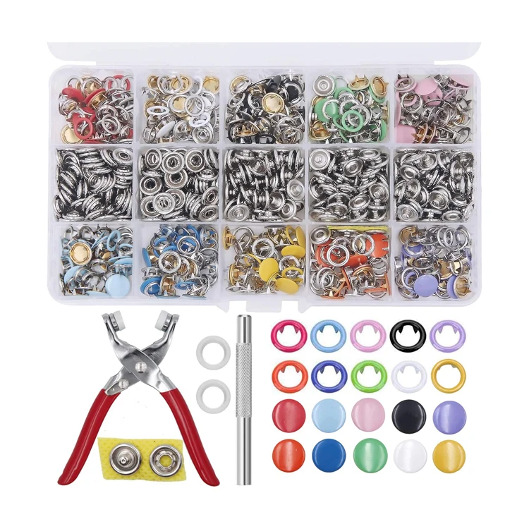 Hot selling 10 Colors 9.5mm Snap Fasteners Tool Kit Hollow and Solid Metal Prong Snaps Buttons Tools For Clothing