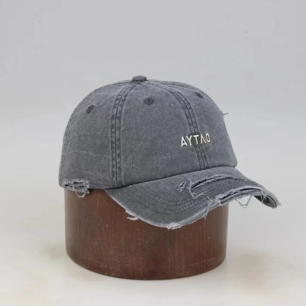 Custom color popular fashion retro washed distressed denim baseball cap vintage look ripped baseball cap