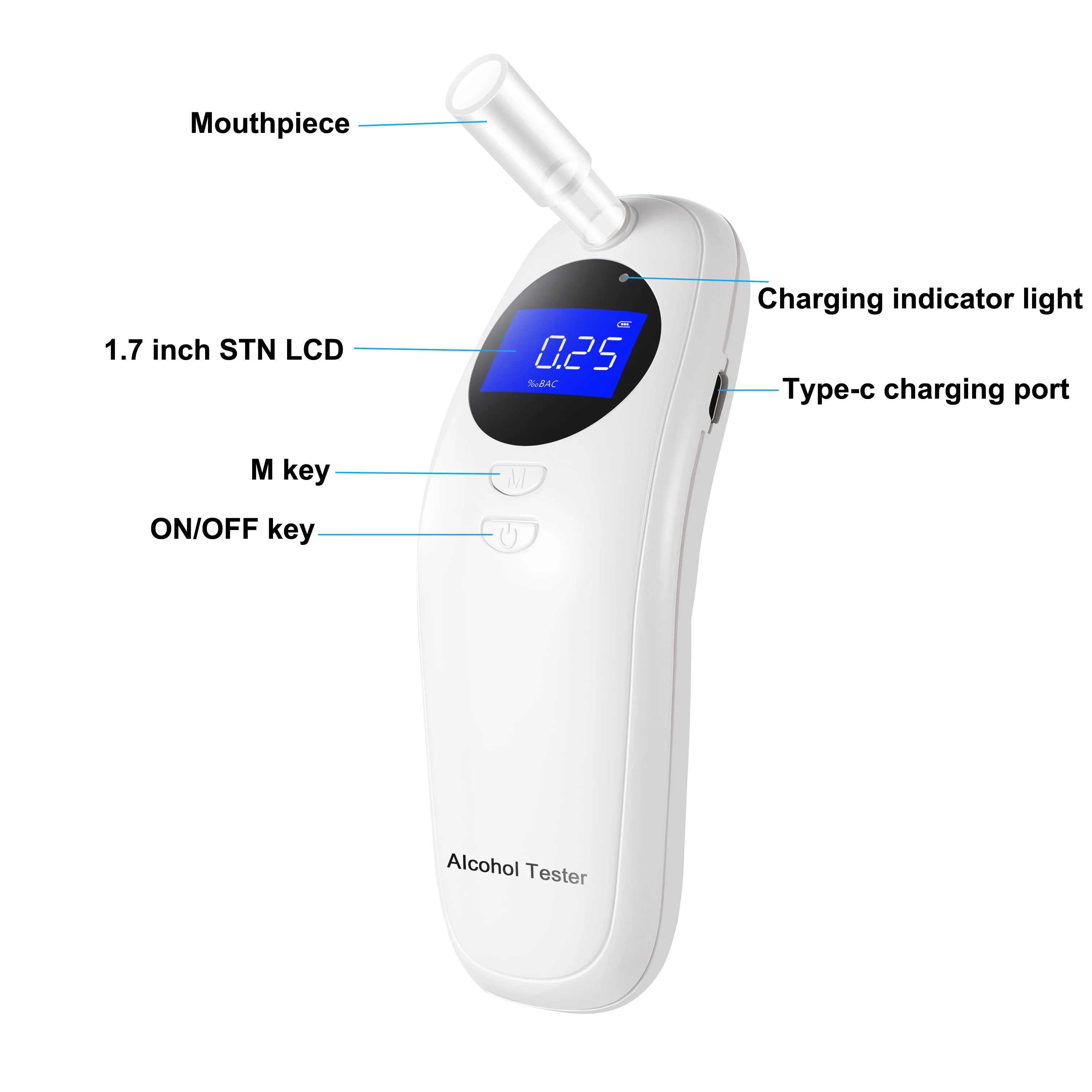 Rechargeable alcohol tester new breathalyzer polymer lithium battery alcohol tester Type-c charging alcohol gas analyzer