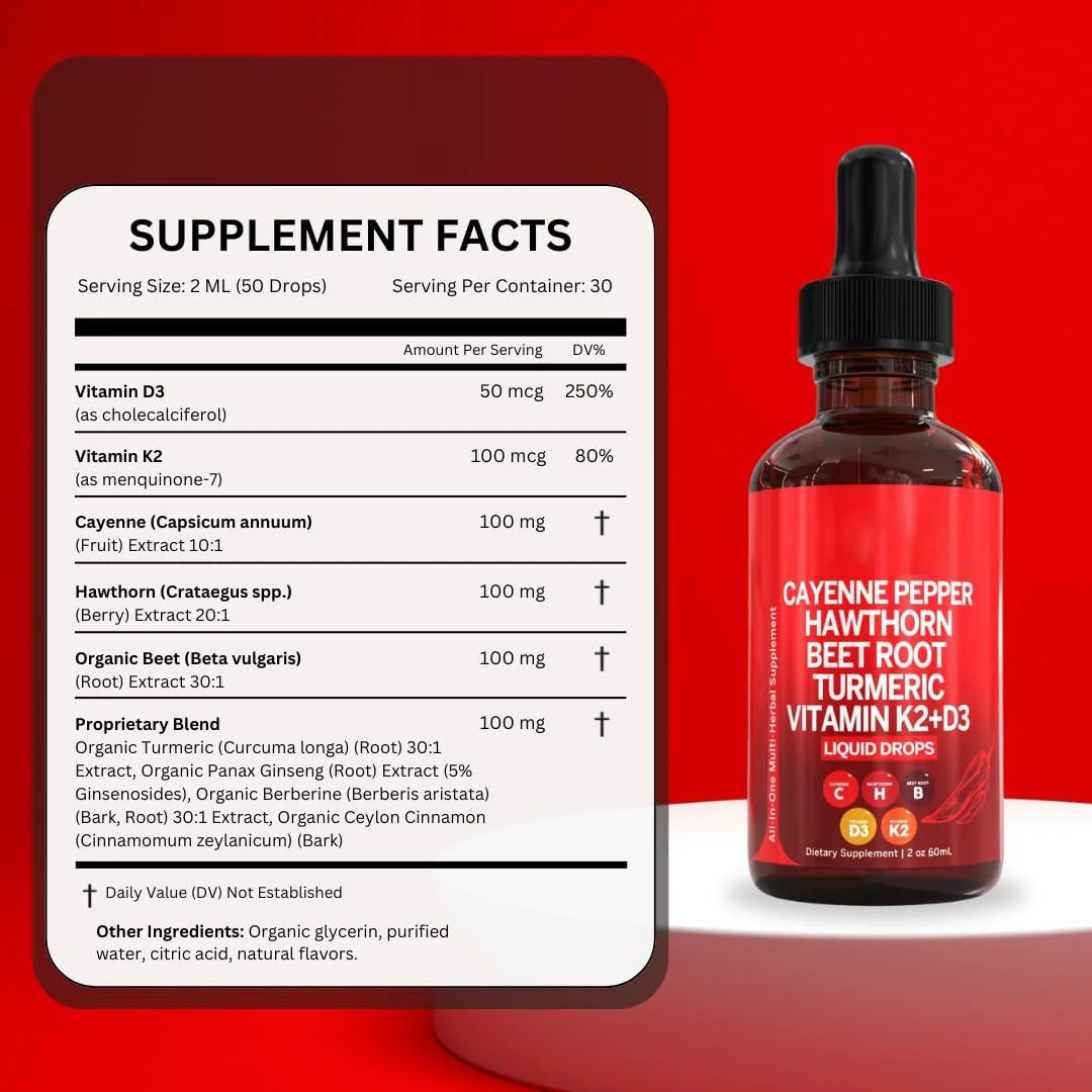 Cayenne Pepper Drops ALL IN ONE Hawthorn Berry Vitamin D3 K2 Beet Root Turmeric Drops