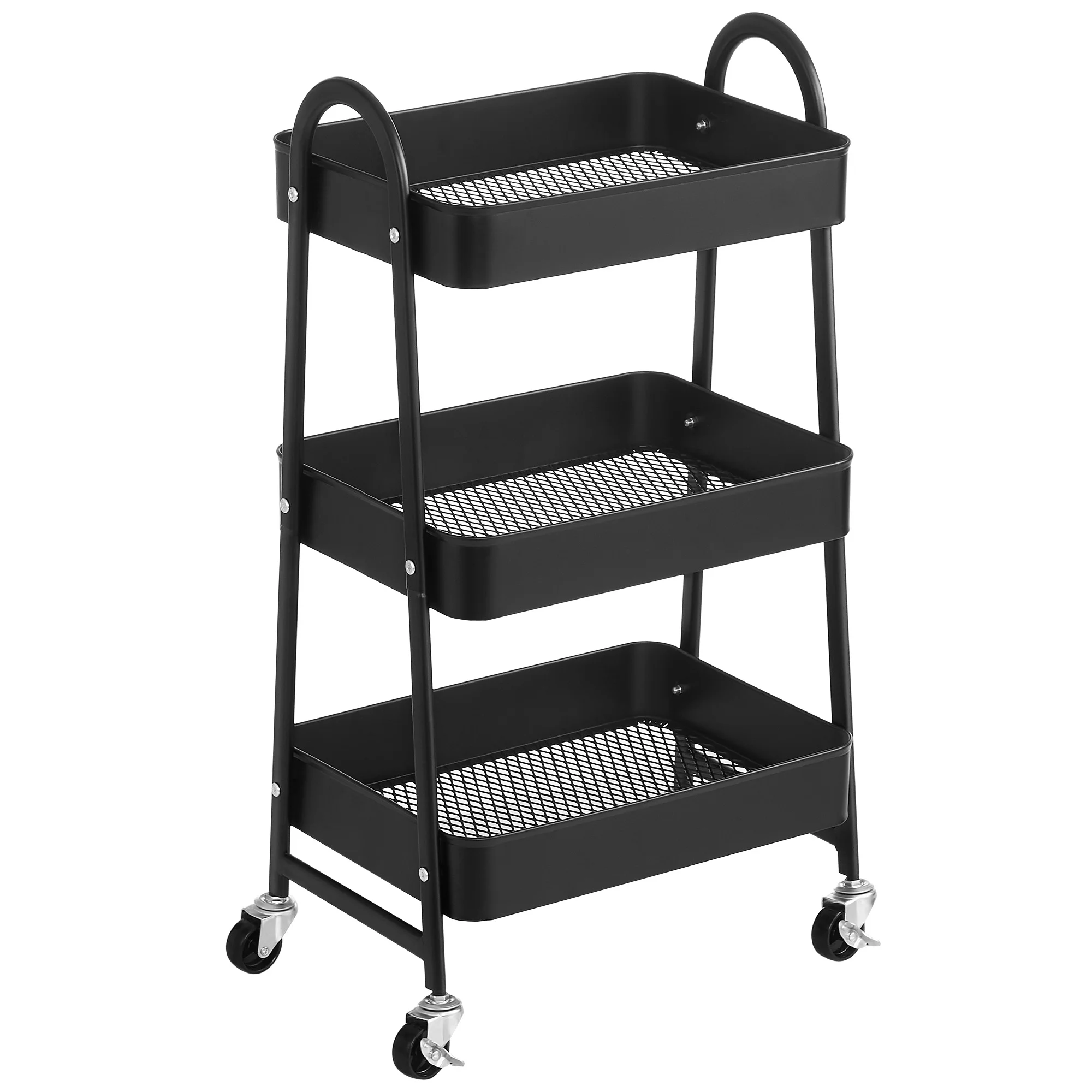 SONGMICS Low Price White Folding Storage Shelf Metal Cart 3-Tier Rolling Cart Kitchen Rack Trolley