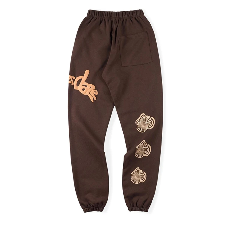 designer thick streetwear wide leg men no drawstring brown unisex heavyweight 100% cotton custom logo puff print sweatpants