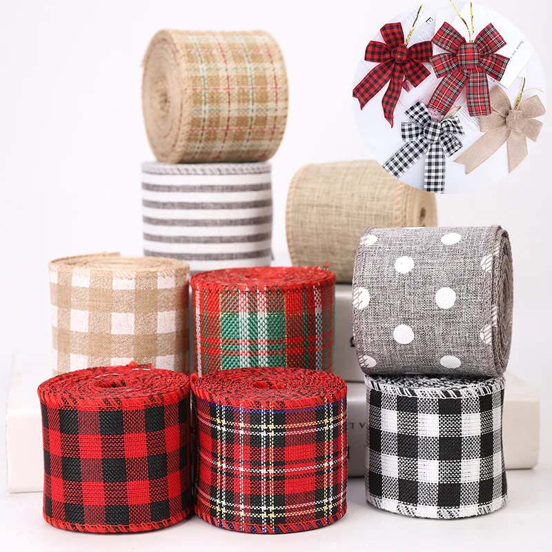 Wholesale 6cm Colored Plaid Linen Christmas Ribbon High Quality Christmas Decoration Colored Plaid Ribbon