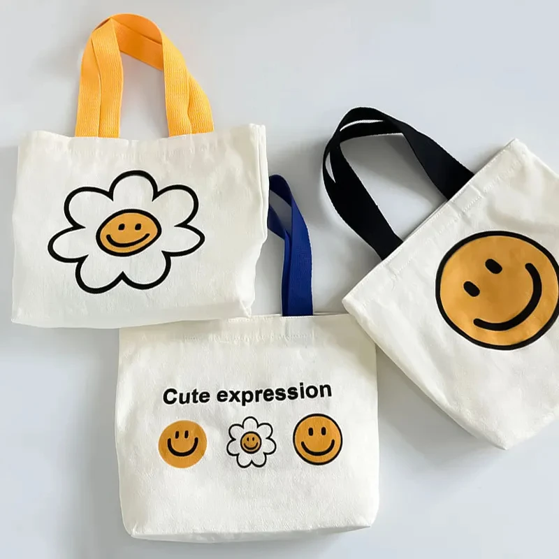 New Style Cute Korean Fashion Shopping Tote Bag Cotton Canvas Tote Bags with Custom Smile Pattern Printed Logo
