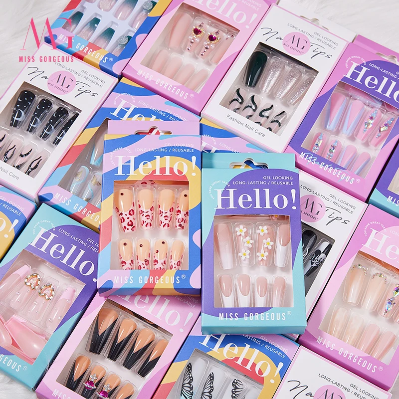 MG 24pcs New Diamond Custom Elegant Acrylic Press On Nails Coffin Artificial Fingernails Tips With Shining Butterfly For Women