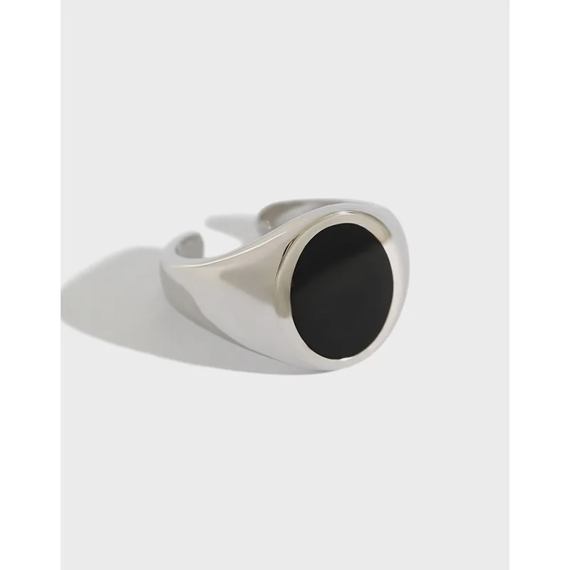 New Trendy Vintage Black Epoxy Oval Wide-faced ring 925 Sterling Silver Open Adjustable Rings For Women