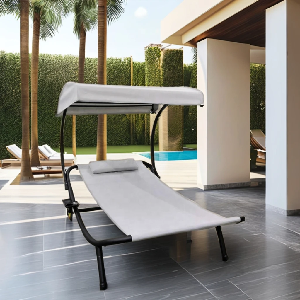 Modern 2-Seater Outdoor Garden Lounge Bed with Sun Shade Wheels Pillows Durable Metal Wood Design for Patio for Hotels Parks