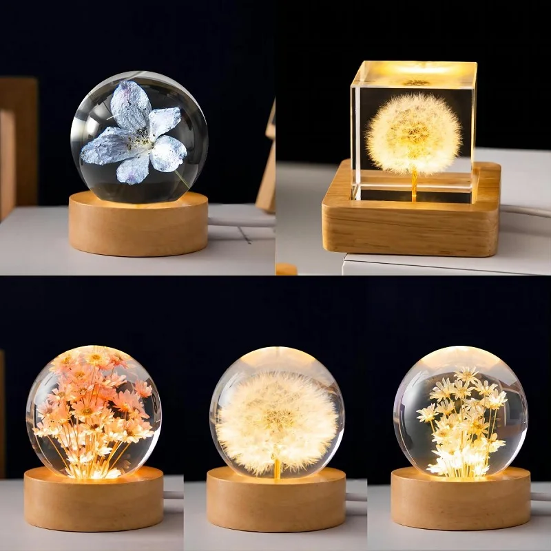 Wholesale Dandelion Eternal Flower Luminescent Wooden Base 3d Led Crystal Ball Night Light For Kids Girls Birthday Gift