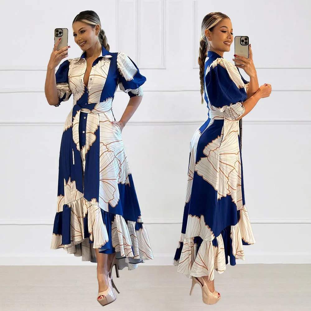 YQY10356 Latest Design Summer Shirt Dresses Women Casual Irregular High Waist Cardigan Printed Long Dress Women Maxi Dress