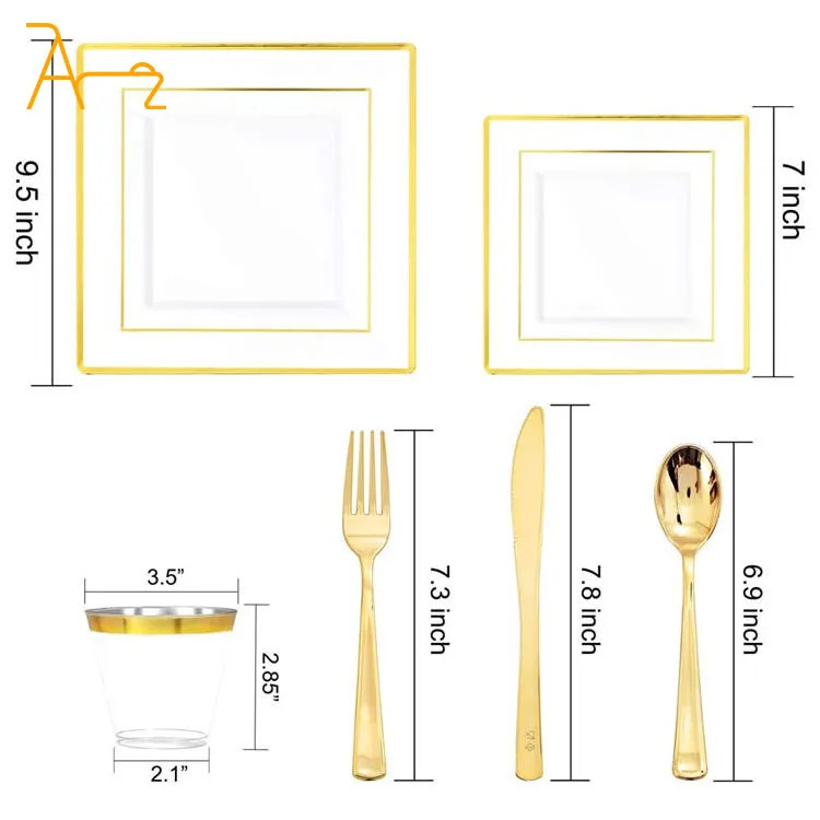 High quality banquet silver gold rose gold rimmed luxury cutlery wedding party plates sets plastic disposable tableware